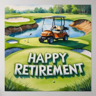 Golfbaan met tekst Happy Retirement op groen Poster