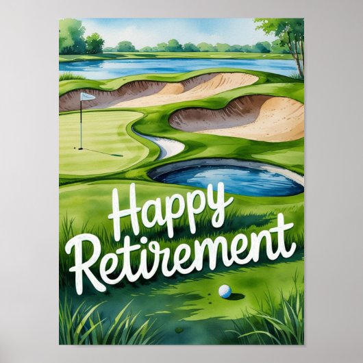 Golfbaan met tekst Happy Retirement op groen Poster (Voorkant)