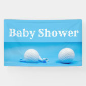 Golfbaby shower met golfbal en t-shirt op blauw spandoek (Horizontaal)