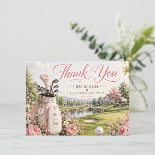 Golfbag op golfbaan met bloemen  bedankkaart (Staand voorkant)