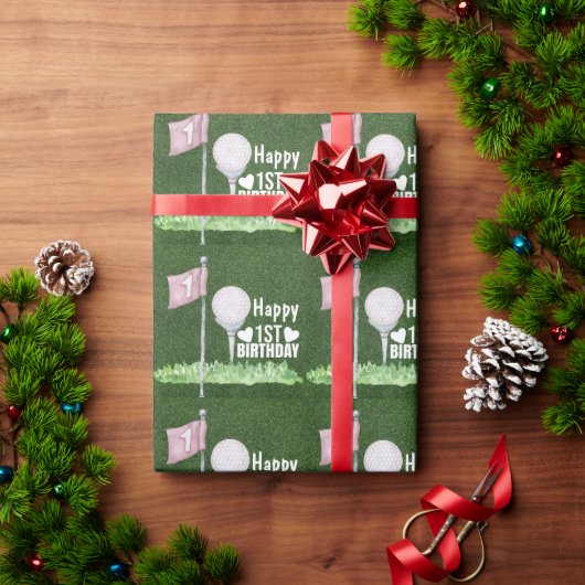 Golfbal 1e Verjaardag met bal en vlag op groen Cadeaupapier (Feestdagen Geschenken)