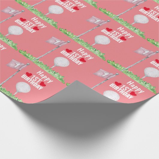 Golfbal 1e Verjaardag met bal en vlag op roze Cadeaupapier (Hoek)