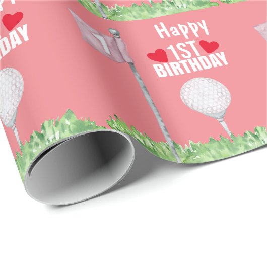 Golfbal 1e Verjaardag met bal en vlag op roze Cadeaupapier (Rol Hoek)