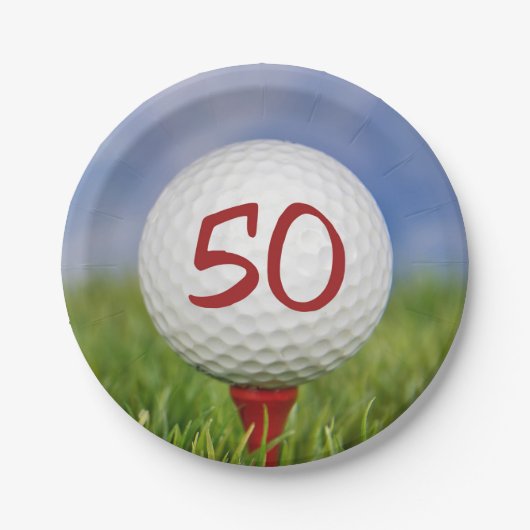 Golfbal 50e verjaardag papieren bordje (Voorkant)