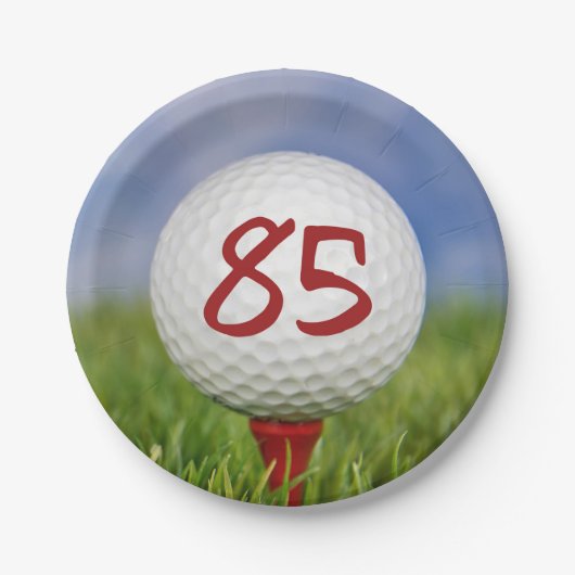 Golfbal 85e verjaardag papieren bordje (Voorkant)
