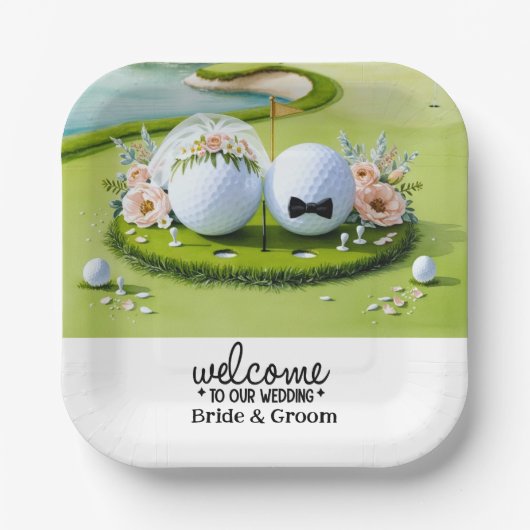 Golfbal Bruid & Bruidegom Welkom op onze bruiloft Papieren Bordje (Voorkant)
