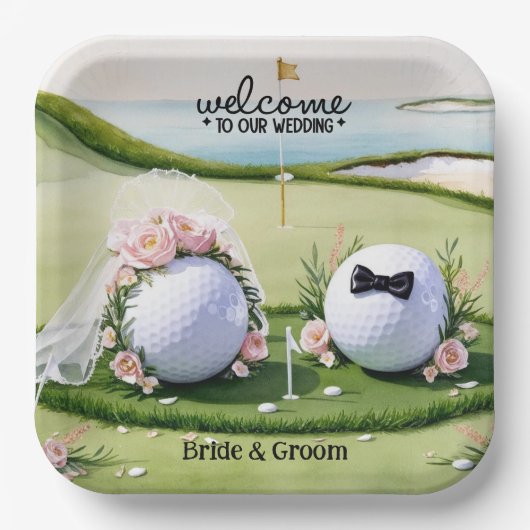 Golfbal Bruid & Bruidegom Welkom op onze bruiloft Papieren Bordje (Voorkant)