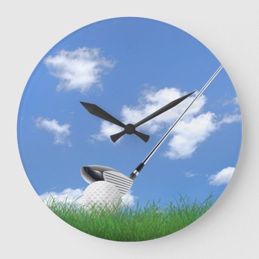 Golfbal en club in gras grote klok (Voorkant)