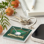 Golfbal en -clubs met schildsymbool sleutelhanger (Voorkant Rechts)