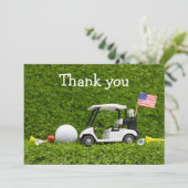 Golfbal en golfkar met vlag van Amerika Bedankkaart (Staand voorkant)