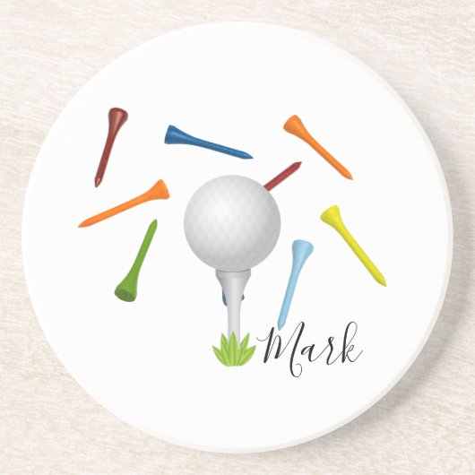 Golfbal en kleurrijk t-shirt op wit zandsteen onderzetter (Voorkant)