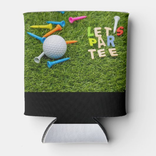 Golfbal en kleurrijke t - shirts op groene golfer blikjeskoeler (Voorkant)