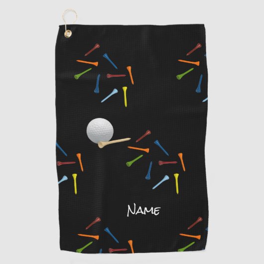 Golfbal en kleurrijke t - shirts op zwarte achterg golfhanddoek (Voorkant)