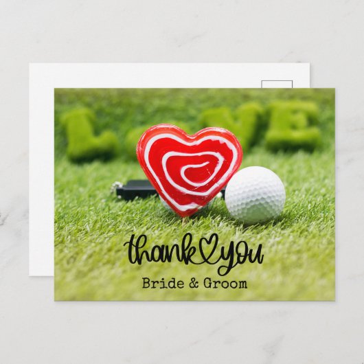 Golfbal en Rood hart met liefde op bruiloft Briefkaart (Voorkant / Achterkant)