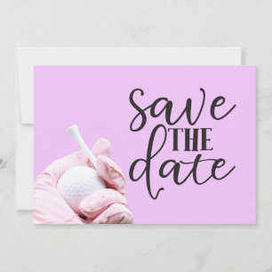 Golfbal en roze handschoen op roze voor dame save the date