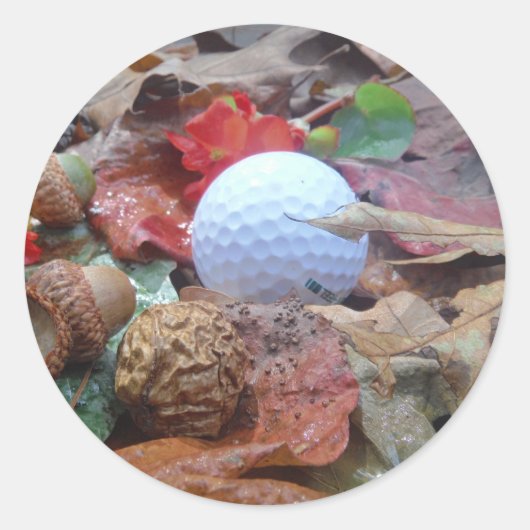 Golfbal en valbladeren en -zuren ronde sticker (Voorkant)