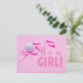 Golfbal het is een meisje baby shower op roze briefkaart (Staand voorkant)