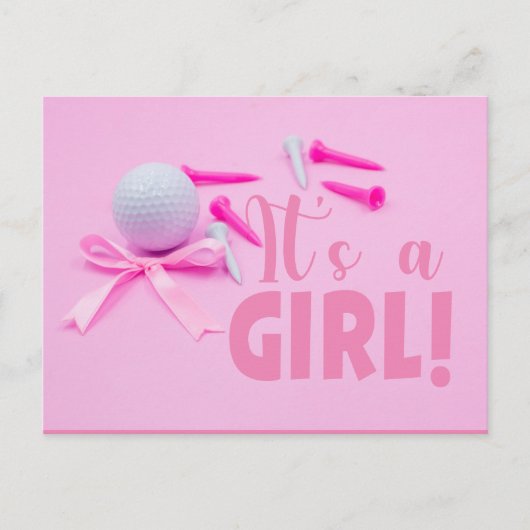 Golfbal het is een meisje baby shower op roze briefkaart (Voorkant)