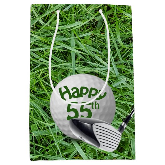 Golfbal in gras 55e verjaardag medium geschenkzak cadeauzakje (Voorkant)