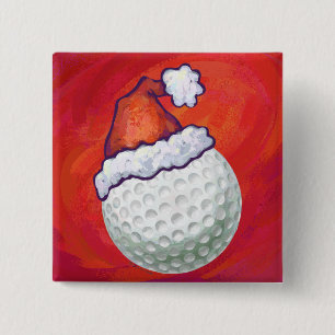Golfbal in Santa Hat op Red Vierkante Button 5,1 Cm