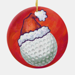 Golfbal in Santa Hat op rood Keramisch Ornament