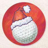 Golfbal in Santa Hat op rood Ronde Kartonnen Onderzetter (Voorkant)