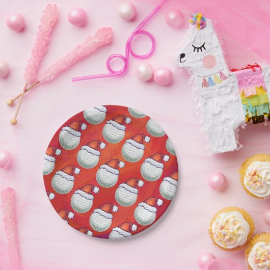 Golfbal in Santa Hat Pattern op Red Papieren Bordje (Feest)