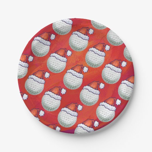 Golfbal in Santa Hat Pattern op Red Papieren Bordje (Voorkant)