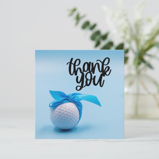 Golfbal met blauw lint bedankkaart (Staand voorkant)