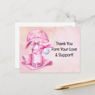 Golfbal met dank je wel op roze voor babymeisje briefkaart