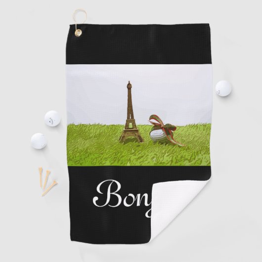 Golfbal met Eiffelhanddoek op groene Bonjour Golfhanddoek (Insitu)