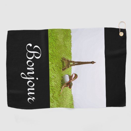 Golfbal met Eiffelhanddoek op groene Bonjour Golfhanddoek (Horizontaal)