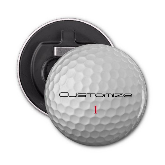 Golfbal met gepersonaliseerde tekst en nummer button flesopener (Voorkant)