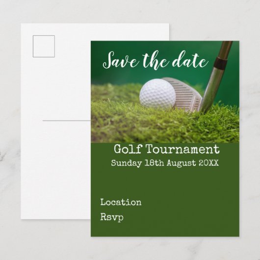 Golfbal met golfclub op groen, behalve de date en aankondigingskaart (Voorkant / Achterkant)
