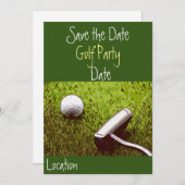 Golfbal met putter op groene grasuitnodiging kaart (Voorkant / Achterkant)