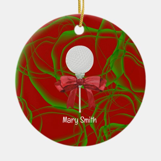 Golfbal met rood lint keramisch ornament (Voorkant)