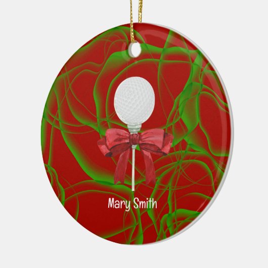 Golfbal met rood lint keramisch ornament (Links)
