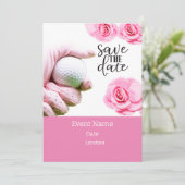 Golfbal met roze bloem voor vrouwentoernooi kaart (Staand voorkant)