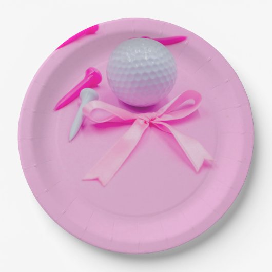 Golfbal met roze lint baby shower meisje papieren bordje (Voorkant)