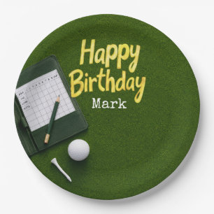 Golfbal met tee op groen gras golfer verjaardag papieren bordje