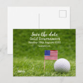 Golfbal met vlag van Amerika op de groene spaardat Aankondigingskaart (Voorkant / Achterkant)