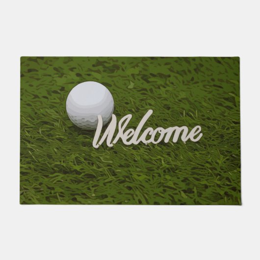 Golfbal met welkom golfer op groen gras deurmat (Voorkant)