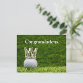 Golfbal met zilveren kroongelukwensen briefkaart (Staand voorkant)