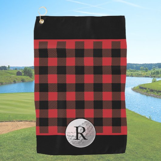 Golfbal monogram geruit rood buffel leer custom golfhanddoek