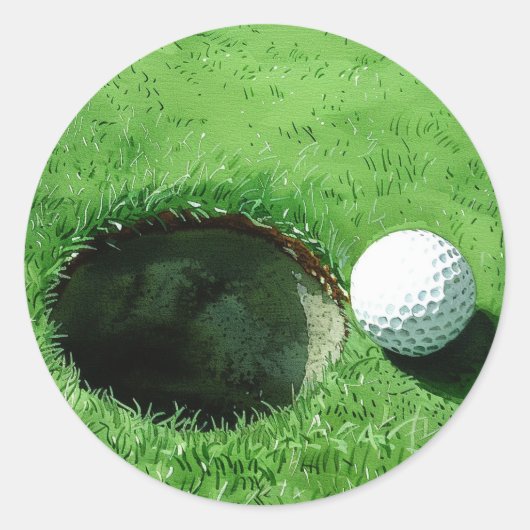 Golfbal naast het gat voor Golfer Party Ronde Sticker (Voorkant)