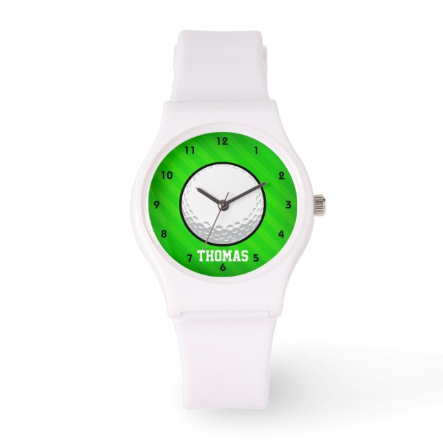 Golfbal; Neon Green Stripes Horloge (Voorkant)