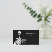 Golfbal op een speld naast een zwarte opening visitekaartje (Staand voorkant)