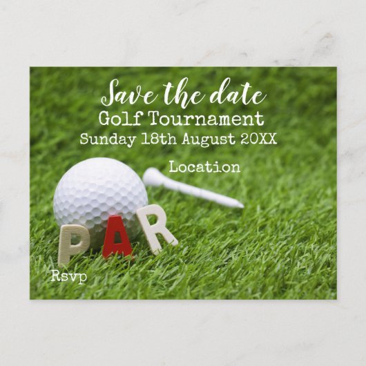 Golfbal op groen, behalve de datum van de golfer aankondigingskaart (Voorkant)