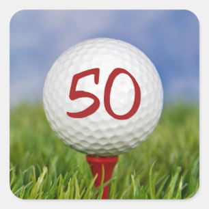 golfbal op rood t-shirt 50ste verjaardag vierkante sticker