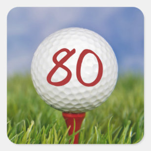 Golfbal op rood t-shirt 80e verjaardag vierkante sticker